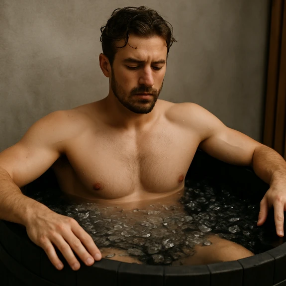 man in cold plunge tub