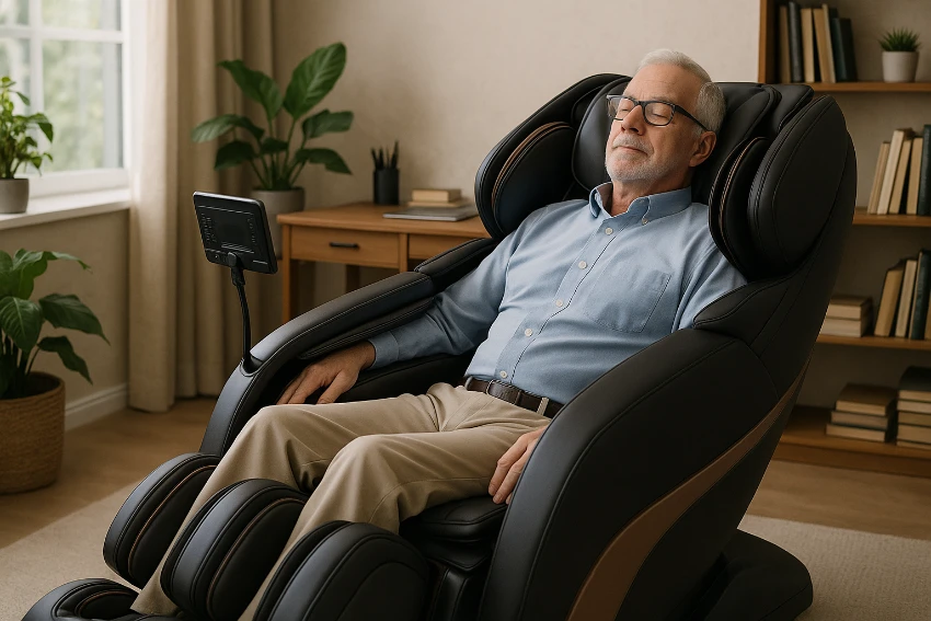 older man sitting in massage chair